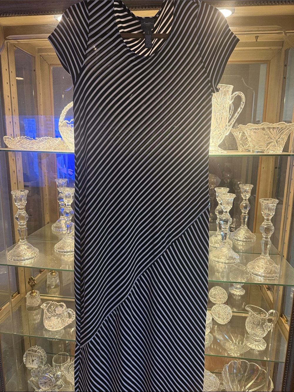 Chico's Travelers Black and White Diagonal Stripe Casual Dress